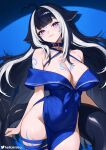  1girl ahoge bare_shoulders black_hair blue_background blue_dress blue_nails body_markings breasts cleavage closed_mouth commentary_request covered_navel cowboy_shot dress fingernails groin hair_flaps helloimtea highres indie_virtual_youtuber large_breasts long_hair looking_at_viewer multicolored_hair nail_polish paid_reward_available purple_eyes shylily side_slit smile solo tail thighs twitter_username two-tone_hair virtual_youtuber white_hair 
