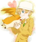  blonde_hair blush cute cyan_eyes digimon eyes_closed hair hat hug human male mammal one_eye_closed open_mouth patamon sitasio smile takeru_takaishi 