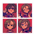  1girl :3 beer_bottle black_eyes black_gloves bottle breasts bright_pupils brown_hair cleavage closed_eyes closed_mouth collage commentary dot_nose eyeshadow fingerless_gloves gloves hair_between_eyes highres holding holding_bottle holding_microphone holding_microphone_stand index_finger_raised jacket large_breasts looking_at_viewer makeup meiko_(vocaloid) microphone microphone_stand open_mouth rainelyn00 red_jacket short_hair smug spanish_commentary triangle_mouth vocaloid white_pupils 