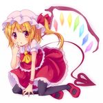 ascot bad_id bad_pixiv_id black_legwear blonde_hair blush finger_to_face flandre_scarlet full_body hat laevatein lowres mary_janes minato0618 open_mouth pantyhose red_eyes shirt shoes side_ponytail simple_background single_wing skirt skirt_set solo touhou wings wrist_cuffs 