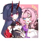  2girls ;o black_dress black_hair black_shrug blue_dress blue_eyes blue_hair border breasts cerydra_(honkai:_star_rail) chinese_commentary cleavage commentary_request crown dreaming-of-flying-free dress elf elysia_(honkai_impact) elysia_(miss_pink_elf)_(honkai_impact) hair_intakes hair_ornament hand_on_another's_chin highres honkai:_star_rail honkai_(series) honkai_impact_3rd horns hysilens_(honkai:_star_rail) jewelry large_breasts long_hair looking_at_viewer multiple_girls one_eye_closed pink_background pink_hair pointy_ears purple_eyes purple_hair raiden_mei red_horns ring shrug_(clothing) smile upper_body v very_long_hair white_border yuri 