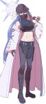  1girl absurdres bare_shoulders baseball_cap belt black_belt black_boots black_hair black_hat black_mask black_pants black_shirt blue_archive blue_eyes blue_hair blue_halo boots bouquet breasts buckle chest_harness coat colored_inner_hair commentary covered_mouth crop_top full_body gloves groin hair_between_eyes halo hand_up harness hat highres holding holding_bouquet knee_boots knife_sheath large_breasts long_hair looking_at_viewer mask midriff mouth_mask multicolored_hair navel off_shoulder open_clothes open_coat pants saori_(blue_archive) sheath sheathed shirt sidelocks simple_background sleeveless sleeveless_shirt snap-fit_buckle solo standing thigh_sheath toned toned_female two-tone_hair uminekoyukio white_background white_coat 