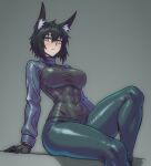  1girl animal_ear_fluff animal_ears aqua_eyes black_gloves black_hair blush borrowed_character breasts closed_mouth commentary covered_abs covered_navel csaurageul english_commentary gloves green_pants grey_background large_breasts looking_at_viewer original pants simple_background solo 