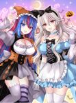  2girls :d alternate_costume apron arm_up asymmetrical_legwear bare_shoulders bare_tree black_bow black_dress blue_dress blue_hair blue_sleeves bow breasts brown_hair cleavage cleavage_cutout clothing_cutout collarbone commentary_request crescent dress elbow_gloves female_alear_(fire_emblem) female_corrin_(fire_emblem) fire_emblem fire_emblem_engage fire_emblem_fates frilled_apron frilled_dress frills gloves grey_dress grey_thighhighs halloween halloween_costume hat heart highres jack-o'-lantern jester_cap juliet_sleeves kirishima_riona large_breasts long_hair long_sleeves medium_breasts mismatched_legwear multicolored_hair multiple_girls orange_dress puffy_short_sleeves puffy_sleeves red_eyes red_hair short_sleeves smile striped_clothes striped_thighhighs thighhighs thighs tree two-tone_hair very_long_hair white_apron white_gloves white_thighhighs 