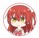  1girl blush blush_stickers bocchi_the_rock! bow bowtie brown_sailor_collar brown_shirt chibi chibi_only commentary_request green_eyes hair_between_eyes highres kita_ikuyo long_hair looking_at_viewer mimori_(mimori_05) one_side_up red_bow red_bowtie red_hair sailor_collar shirt sidelocks simple_background smile solo upper_body 