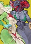 2023 2_horns 5_fingers absurd_res anthro apode beverage_can big_breasts bikini black_sclera blue_hands blue_snout bottomless bottomwear breast_size_difference breast_squish breasts claws closed_smile clothed clothing draconcopode duo exoskeleton eye_contact eyes_closed featureless_crotch female female/female fingers furgonomic_bottomwear furgonomics glowing glowing_claws glowing_eyes glowing_hood green_bikini green_body green_clothing green_swimwear grey_body hi_res horn huge_breasts lbt9000 legless light_body looking_at_another looking_at_partner motion_lines mouth_closed multicolored_body naga pit_organ pupils purple_body question_mark red_bikini red_claws red_clothing red_eyelids red_eyes red_swimwear reptile robot_anthro scalie segmented_body segmented_neck serpentine simple_background size_difference small_horn smile smiling_at_another smiling_at_partner smirking_at_partner snake snake_hood snake_naga squish swimwear two-piece_swimsuit unusual_pupils xen_(xenthetechnomorph) yellow_background yolla_(lbt9000)