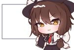  1girl asymmetrical_hair black_capelet black_hat black_skirt blush book bow brown_eyes capelet chibi collared_shirt commentary cowboy_shot english_commentary hair_bow hat hat_bow holding holding_book long_sleeves medium_hair necktie oreo_(wallpaper40502) red_necktie ribbon-trimmed_capelet ribbon_trim shirt shirt_tucked_in skirt smile solo touhou usami_renko white_background white_bow white_shirt yellow_eyes 