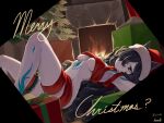  1girl 95hoody alternate_breast_size_(larger) animal_ears arm_tattoo black_hair blue_eyes box breasts cat_ears cat_girl christmas christmas_ornaments christmas_tree commentary dark_kasli_(nyanko_daisensou) ears_through_headwear english_commentary fang fang_out fire fireplace frilled_thigh_strap gift gift_box hair_over_one_eye hat highres kasli_(nyanko_daisensou) large_breasts leg_ribbon leg_tattoo looking_at_viewer lying merry_christmas naked_ribbon nude nyanko_daisensou on_back pale_skin pinecone ribbon ribbon_as_bra santa_hat skin_fang smile stomach stomach_tattoo tattoo thigh_ribbon thigh_strap 