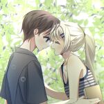  1boy 1girl :d ^_^ bare_arms bare_shoulders black_shirt blonde_hair blue_eyes blush brown_hair closed_eyes closed_mouth commentary day from_side hair_ornament hairclip highres long_hair open_mouth original outdoors parallel_hairclips ponytail profile red_shirt shirt short_hair short_sleeves sidelocks sleeveless sleeveless_shirt smile symbol-only_commentary upper_body yalmyu 