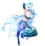  1girl absurdres ahoge animal_ears arm_behind_head armpits artist_name black_choker blue_eyes blue_skirt breasts choker cleavage collarbone commentary commission english_commentary fur-trimmed_skirt fur_trim hair_intakes hair_over_one_eye halo highres indie_virtual_youtuber large_breasts long_hair mimi2001vr navel saliva shoes skeb_commission skirt snow_leopard_ears snow_leopard_girl snow_leopard_tail snowflake_print solo stomach tail twitter_username virtual_youtuber weiic white_background white_hair white_shoes 