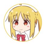  1girl ahoge blonde_hair blush blush_stickers bocchi_the_rock! bow bowtie chibi chibi_only collared_shirt commentary_request detached_ahoge highres ijichi_nijika long_hair looking_at_viewer mimori_(mimori_05) polka_dot polka_dot_bow polka_dot_bowtie red_bow red_bowtie red_eyes shirt side_ponytail sidelocks simple_background smile solo upper_body white_background white_shirt 