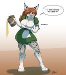 after_transformation alcohol anthro beer beer_mug beverage big_breasts breasts clothing dress fangs felid feline female fur green_clothing green_dress hi_res lynx mammal markings oter simple_background solo spilling_drink spots spotted_body spotted_fur teeth