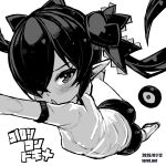  1girl arm_up ass backbeako_(torotei) backbeard blush breasts buruma chestnut_mouth commentary dated dated_commentary from_above gegege_no_kitarou greyscale gym_shirt gym_uniform hair_over_one_eye hair_ribbon kono_lolicon_domome long_hair looking_at_viewer monochrome open_mouth original paid_reward_available pointy_ears ribbon ringed_eyes shirt short_sleeves simple_background small_breasts solo standing standing_on_one_leg stretching torotei translated twintails web_address white_background 