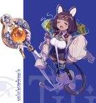  1girl absurdres amber_(gemstone) animal_ears arknights black_thighhighs blue_background breasts bug cat_ears cat_tail caution_tape closed_eyes coat commentary_request eye_of_horus fang gem highres hokushuu holding holding_staff medium_breasts scarab sleeves_past_fingers sleeves_past_wrists staff tail thighhighs titi_(arknights) yawning 