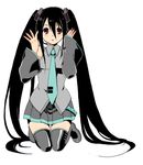  black_hair brown_eyes cosplay detached_sleeves ekra hatsune_miku hatsune_miku_(cosplay) kneeling komori_kiri long_hair sayonara_zetsubou_sensei simple_background solo thighhighs twintails vocaloid zettai_ryouiki 