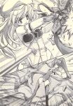  2girls bandeau battle black_bandeau black_gloves black_panties blood_tune chaos;head detached_sleeves earrings fingerless_gloves gloves greyscale highres holding holding_weapon jewelry long_hair magical_girl monochrome multiple_girls necktie official_art panties red_necktie samurai_condenser scan science_adventure sedna_fevrier seira_orgel underwear weapon white_sleeves yukiwo 