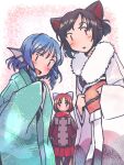  3girls :d alternate_costume alternate_hair_length alternate_hairstyle animal_ears black_pants blue_bow blue_eyes blue_hair blush bow brown_hair coat commentary_request drill_hair fins fur-trimmed_kimono fur_trim grass_root_youkai_network green_kimono hair_bow head_fins imaizumi_kagerou japanese_clothes kimono looking_at_viewer mermaid monster_girl multiple_girls no_mouth obi obijime open_mouth pants parted_lips pink_background pleated_skirt rangycrow red_coat red_eyes red_hair red_sash red_scarf red_skirt sash scarf sekibanki short_hair skirt smile touhou twin_drills wakasagihime white_kimono wolf_ears wolf_girl |_| 