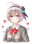  1girl ahoge alternate_costume ayaro_(genkiloobaii) black_flower black_hairband black_rose blunt_bangs blush bow bowtie clenched_hands closed_mouth collared_shirt commentary eyes_visible_through_hair flower frown grey_hair grey_sweater hair_flower hair_ornament hairband heart heaven_burns_red highres looking_at_viewer minase_sumomo purple_eyes red_bow red_bowtie rose school_uniform shirt short_hair simple_background sleeves_past_wrists solo split_mouth sweater upper_body white_background white_shirt 