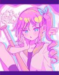 1girl alternate_hairstyle aubrey_(faraway)_(omori) aubrey_(omori) baseball_bat blue_bow blue_eyes blush bow character_hair_ornament commentary_request forest_bunny_(omori) hair_bow hair_ornament hand_on_own_cheek hand_on_own_face jacket omori open_clothes open_jacket parted_lips pink_hair ringlets short-sleeved_jacket short_sleeves side_ponytail socks solo upper_body white_jacket yo_(wetpotatosunsun) 