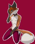 animal_genitalia animal_penis anthro aroused bodily_fluids canid canine canine_genitalia canine_penis collar curling_tail erection fox genital_fluids genitals hair hand_on_face head_tilt kneeling leaking_precum male mammal narrowed_eyes penis precum shaded simple_background simple_shading sitting smile solo tail thegreytest