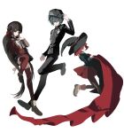  1boy 2girls black_hair black_hat black_jacket blunt_bangs brown_eyes brown_hair buttons collared_jacket commentary danganronpa_(series) danganronpa_v3:_killing_harmony full_body hair_between_eyes hair_ornament hair_scrunchie hand_up harukawa_maki hat hat_belt highres jacket leg_up long_hair long_sleeves looking_at_viewer low_twintails midair multiple_girls pants pantyhose pleated_skirt red_eyes red_hair red_scrunchie red_shirt red_thighhighs saihara_shuichi sailor_collar school_uniform scrunchie shirt short_hair skirt standing tanhwan thighhighs twintails very_long_hair white_background witch_hat yumeno_himiko 