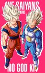  2boys absurdres armor art_jake blonde_hair blue_bodysuit blue_boots blue_sash blue_shirt blue_wrist_cuffs bodysuit boots clenched_hands closed_mouth commentary dougi dragon_ball dragon_ball_super english_commentary english_text full_body gloves green_eyes highres male_focus medium_hair multiple_boys muscular muscular_male orange_pants orange_shirt pants pink_background saiyan_armor sash shirt simple_background smirk son_goku spiked_hair standing super_saiyan super_saiyan_1 vegeta white_armor white_boots white_gloves wrist_cuffs 