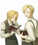  2boys alphonse_elric arm_up black_pants black_vest blue_eyes book brothers closed_mouth collared_shirt commentary_request cowboy_shot edward_elric fullmetal_alchemist gloves hanamizz0111 highres holding holding_book korean_commentary lapels long_hair long_sleeves male_focus multiple_boys notched_lapels open_book pants parted_hair ponytail reading shirt shirt_tucked_in short_hair siblings simple_background sleeve_cuffs smile suspenders teeth vest white_background white_gloves white_shirt yellow_eyes 