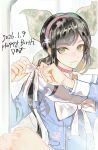  1girl 2026 black_hair bow bowtie chabashira_tenko choker commentary danganronpa_(series) danganronpa_v3:_killing_harmony dated eyelashes green_eyes hair_ribbon hairband happy_birthday highres long_hair long_sleeves looking_at_viewer mole mole_under_mouth pink_choker pink_hairband pitta_(oshirinokeeeee) ribbon sailor_collar school_uniform shirt smile solo twintails white_bow white_bowtie 