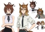  2girls agnes_tachyon_(umamusume) ahoge amai_(frfs5423) animal_ears black_choker black_necktie black_ribbon braid brown_eyes brown_hair chainsaw_man chemical_structure choker collared_shirt commentary_request cosplay denji_(chainsaw_man) denji_(chainsaw_man)_(cosplay) ear_tag full_body gradient_hair hair_ornament highres horse_ears horse_girl horse_tail jungle_pocket_(umamusume) medium_hair multicolored_hair multiple_girls multiple_views necktie red_eyes reze_(chainsaw_man) reze_(chainsaw_man)_(cosplay) ribbon shirt simple_background sleeveless sleeveless_shirt sleeves_rolled_up tail umamusume upper_body white_background white_shirt 