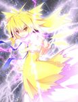  alternate_color alternate_element blonde_hair blush cirno dress electricity haetorisou ikazu_cirno open_mouth pointing ribbon smile solo spiked_hair touhou yellow_dress yellow_eyes 