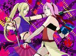  2girls blonde_hair fan fishnets green_eyes haruno_sakura hmr long_hair midriff multiple_girls naruto pink_hair ponytail weapon yamanaka_ino 