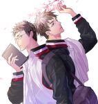  2boys arm_up aso_lago back-to-back black_hair book brown_hair cherry_blossoms collared_jacket commentary_request glasses holding holding_book hyuuga_junpei jacket kiyoshi_teppei kuroko_no_basuke long_sleeves male_focus multiple_boys rectangular_eyewear rimless_eyewear short_hair simple_background upper_body white_background 