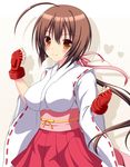  ahoge blush breasts brown_hair fingerless_gloves gloves hair_ribbon japanese_clothes korotan long_hair medium_breasts musubi ponytail red_eyes ribbon sekirei shadow smile solo 