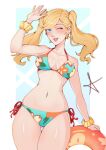  1girl ass_visible_through_thighs bare_shoulders bikini blonde_hair blue_bikini blue_eyes blush breasts cleavage collarbone commentary cowboy_shot english_commentary floral_print floral_print_kimono highres japanese_clothes kimono large_breasts long_hair looking_at_viewer one_eye_closed open_mouth persona persona_5 print_kimono red_draws5 scrunchie smile solo swim_ring swimsuit takamaki_anne thigh_gap twintails wrist_scrunchie 