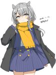  1girl absurdres bigkwl coat commentary_request dated dress fake_horns grey_coat grey_eyes grey_hair hair_ornament highres horned_headwear horns i-201_(kancolle) i-201_(valentine)_(kancolle) kantai_collection long_hair long_sleeves official_alternate_costume orange_scarf scarf smile solo striped_clothes striped_dress x_hair_ornament 