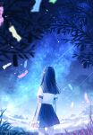  1girl amenomori_howa arms_at_sides artist_name black_hair black_skirt blue_sky blue_theme blurry blurry_foreground branch cloud commentary_request cowboy_shot depth_of_field facing_away from_behind hair_ornament highres holding holding_omikuji long_hair milky_way night omikuji original outdoors pleated_skirt sailor_collar scenery school_uniform serafuku shirt shooting_star short_sleeves skirt sky sky_focus solo standing star_(sky) star_(symbol) star_hair_ornament starry_sky straight_hair summer_uniform white_shirt 