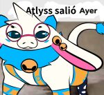 2024 :3 angela_flux atlyss bell big_ears blue_body blue_eyes blue_fur blue_horn clothed clothing digital_drawing_(artwork) digital_media_(artwork) eyewear facial_markings female feral feralized fur glasses head_markings horn humor jose-497 legwear markings meme narrowed_eyes neck_tuft oathkin_(atlyss) pink_eyewear pink_glasses redraw shitpost solo spanish_text tail tail_tuft text torn_clothing torn_legwear translated tuft wearing_glasses white_body