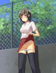  bad_id bad_pixiv_id black_hair black_legwear blush chain-link_fence embarrassed fence flashing okeyataru original panties panty_pull pussy red_eyes short_hair skirt skirt_lift solo thighhighs underwear white_panties 