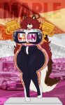 anthro award big_breasts biped breasts canid canine clothed clothing curvy_figure digital_drawing_(artwork) digital_media_(artwork) female fox fur hair lesbian_pride_colors lgbt_pride long_hair mammal maple_(mexifurfoof) mexifurfoof orange_lesbian_pride_colors pride_colors racing_suit red_eyes red_hair smile solo standing tail text thick_thighs trophy vehicle voluptuous wide_hips