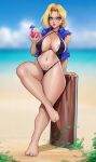  1girl alternate_costume android_18 artist_name barefoot beach bikini black_bikini blonde_hair blue_eyes blue_shirt blurry blurry_background breasts collared_shirt day depth_of_field dragon_ball dragon_ball_z earrings ed_(edemevas) highres hoop_earrings jewelry large_breasts looking_at_viewer navel outdoors shirt short_hair sleeveless sleeveless_shirt solo swimsuit watermark 