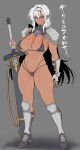  1girl abs absurdres arm_armor armor bandaged_hand bandages bikini bikini_armor black_bikini blue_eyes breasts claymore_(sword) cleavage dark-skinned_female dark_elf dark_skin elf expressionless full_body greatsword grey_background groin highres holding holding_sword holding_weapon huge_breasts large_breasts leg_armor long_hair micro_bikini muscular muscular_female navel original panties pointy_ears revealing_clothes scar scar_on_face shiny_skin shoulder_armor skindentation solo standing string_bikini string_panties swimsuit sword translation_request two-handed_sword underwear wakura_(gcdan) weapon white_hair zweihander 