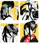  2boys adjusting_hair alternate_costume alternate_hairstyle black_hair closed_eyes closed_mouth commentary_request danganronpa_(series) danganronpa_2:_goodbye_despair flower green_scrunchie hair_between_eyes hair_bun hair_flower hair_ornament hair_scrunchie hair_stick hinata_hajime index_finger_raised japanese_clothes kamukura_izuru kimono kouen long_hair looking_at_viewer male_focus mouth_hold multiple_boys multiple_views necktie red_eyes red_kimono scrunchie smile spot_color translation_request 