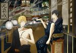  2boys black_hair blonde_hair city duo durarara!! gold_eyes heiwajima_shizuo highres japanese_clothes katana kimono multiple_boys open_clothes open_kimono orihara_izaya outdoors red_eyes road short_hair sitting street sword traditional_clothes weapon weapons yellow_eyes 