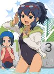  blue_eyes blue_hair glasses inazuma_eleven_(series) inazuma_eleven_go multiple_girls one-piece_swimsuit open_mouth otonashi_haruna ponytail pool short_hair sorano_aoi swimsuit wakusei_hakai_otoko whistle 