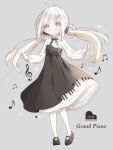  1girl ahoge black_bow black_bowtie black_dress black_shoes blonde_streaks blush bow bowtie closed_mouth collared_shirt commentary_request dress floating_hair frilled_shirt_collar frills full_body grey_background hair_intakes hair_ornament hair_rings hair_scrunchie highres kuzuhara_kazuya long_hair long_sleeves low_twintails mary_janes medium_dress multicolored_hair musical_note musical_note_hair_ornament musical_note_ornament original pantyhose piano_print scrunchie shirt shoes sidelocks simple_background solo standing star_(symbol) star_in_eye streaked_hair symbol_in_eye twintails watermark white_hair white_pantyhose white_shirt yellow_eyes 