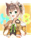  1girl animal_ear_fluff animal_ears black_shirt brown_hair cat_ears commentary_request cropped_jacket green_eyes hand_puppet highres hololive jacket looking_at_viewer medium_hair natsuiro_matsuri natsuiro_matsuri_(1st_costume) one_side_up open_mouth puppet shirt smile solo u_da_desu virtual_youtuber yellow_jacket 