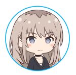  1girl black_choker black_sweater blush blush_stickers chibi chibi_only choker collarbone commentary_request girls_band_cry grey_eyes grey_hair hair_between_eyes highres kawaragi_momoka long_hair looking_at_viewer mimori_(mimori_05) shirt sidelocks simple_background smile solo sweater upper_body v-neck white_background white_shirt 