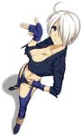  ahoge angel_(kof) boots breasts cleavage crop_top fingerless_gloves from_above full_body gloves hair_over_one_eye hand_on_hip large_breasts looking_up midriff navel shadow short_hair simple_background solo st.germain-sal the_king_of_fighters thighhighs white_hair 