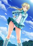  blonde_hair blush checkered checkered_skirt cloud day from_below hand_on_hip long_hair mikii miniskirt necktie panties petals ponytail school_uniform shin_sangoku_musou skirt sky solo underwear upskirt wang_yuanji white_panties wind wind_lift yellow_eyes 