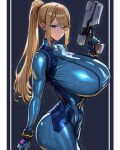  1girl absurdres alternate_breast_size_(larger) blonde_hair blue_bodysuit blue_eyes bodysuit breasts gigantic_breasts highres holding huge_breasts large_breasts long_hair looking_at_viewer metroid mole mole_under_mouth ponytail samus_aran skin_tight skindentation smile solo very_long_hair weapon wolffeld_price zero_suit 